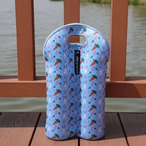 Custom neoprene 2 bottle wine tote with colorful full-wrap printed design