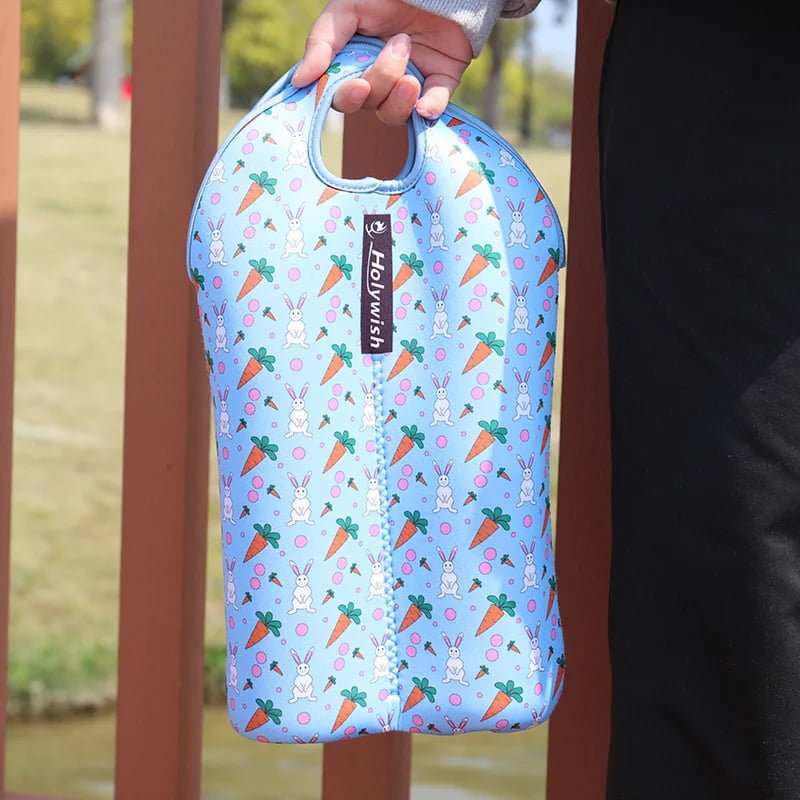 Printed neoprene double wine bottle bag for retail gift packaging