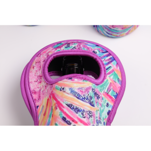 Detailed stitching on thick neoprene wine bottle carrier with full-wrap print