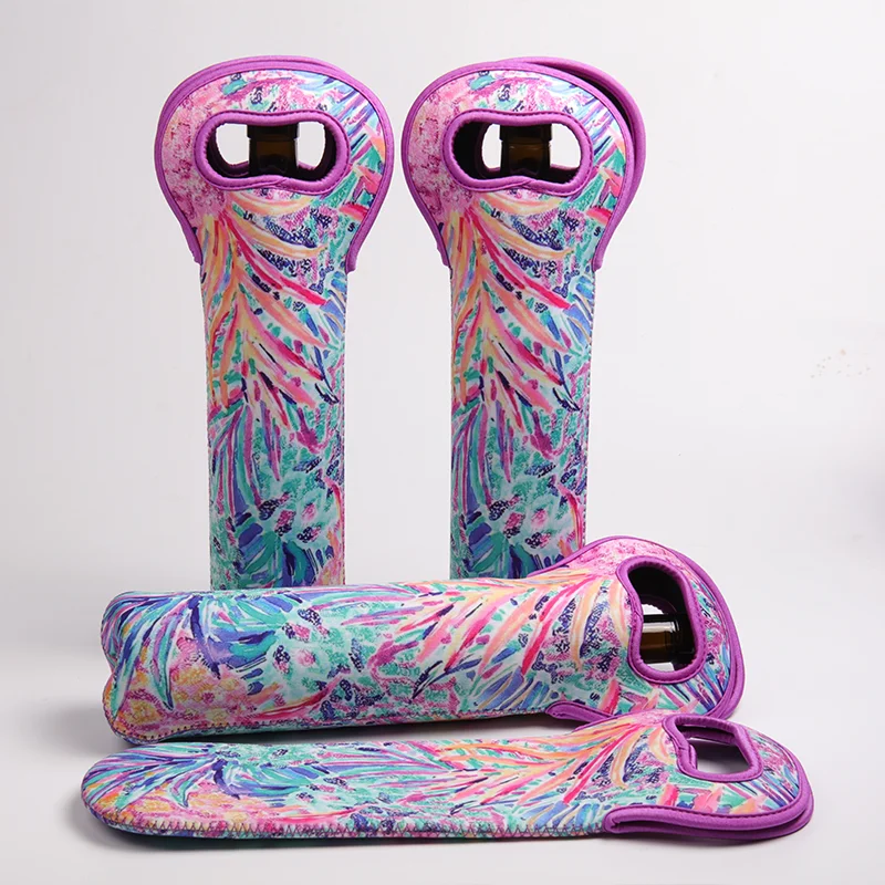 Single wine bottle neoprene carrier with die-cut handle and colorful sublimation print