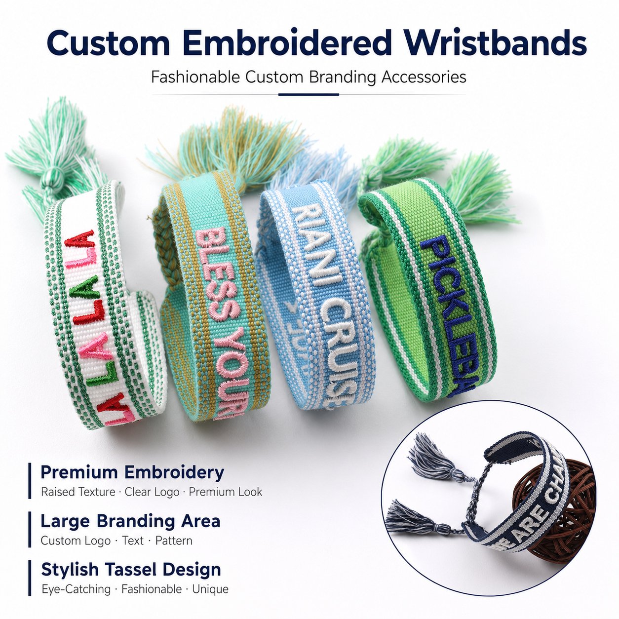 Hand-finished embroidered bracelet edges with braided adjustable cords and tassels