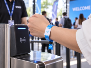 RFID fabric wristband being scanned by an event access control reader