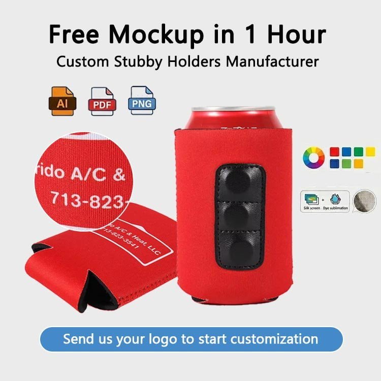 Custom folding magnetic stubby holder made of red neoprene with bottle opener attachment
