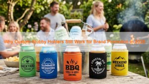 Custom stubby holders displayed around cold drinks at an outdoor summer event for brand promotion.