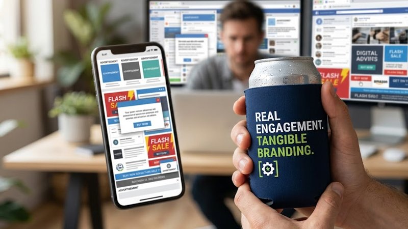 A branded stubby holder standing out as a physical marketing product in a digitally crowded world.