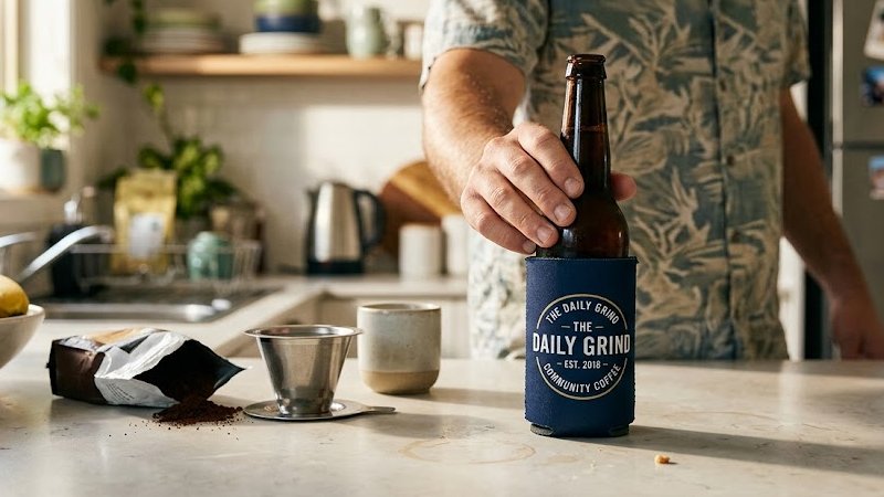 A reusable custom stubby holder creating repeated brand exposure in everyday settings.