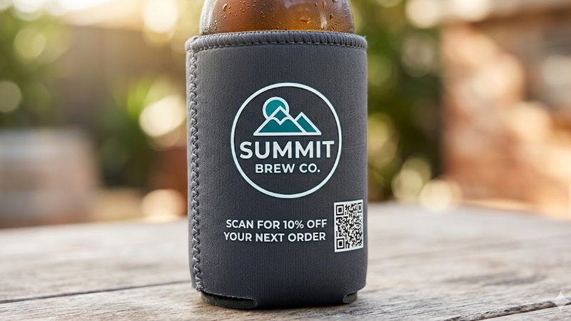 A well-designed custom stubby holder with clear branding and a QR code for marketing.
