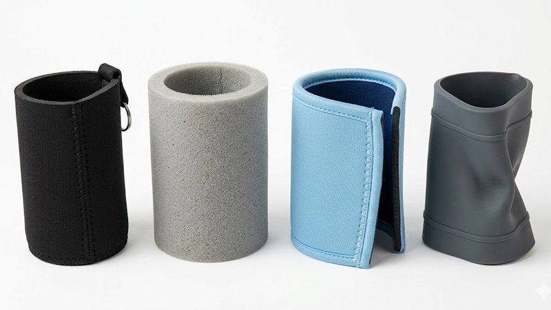 Different stubby holder materials including neoprene foam polyester and silicone