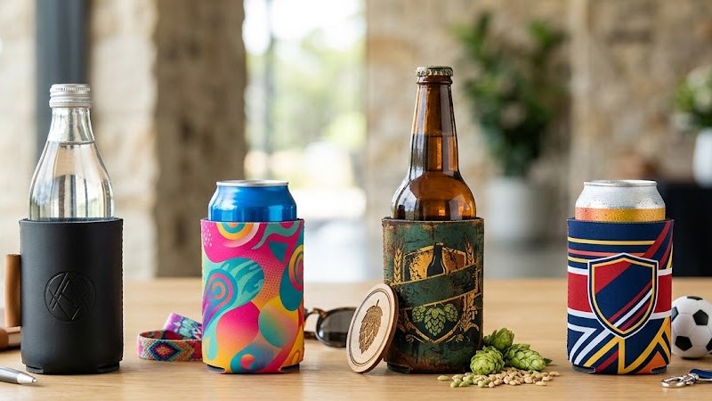 Comparison of full color and logo printing options for custom stubby holders