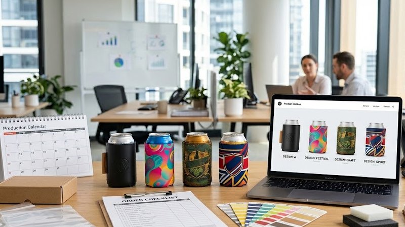 Custom stubby holder samples with MOQ sampling and production planning materials