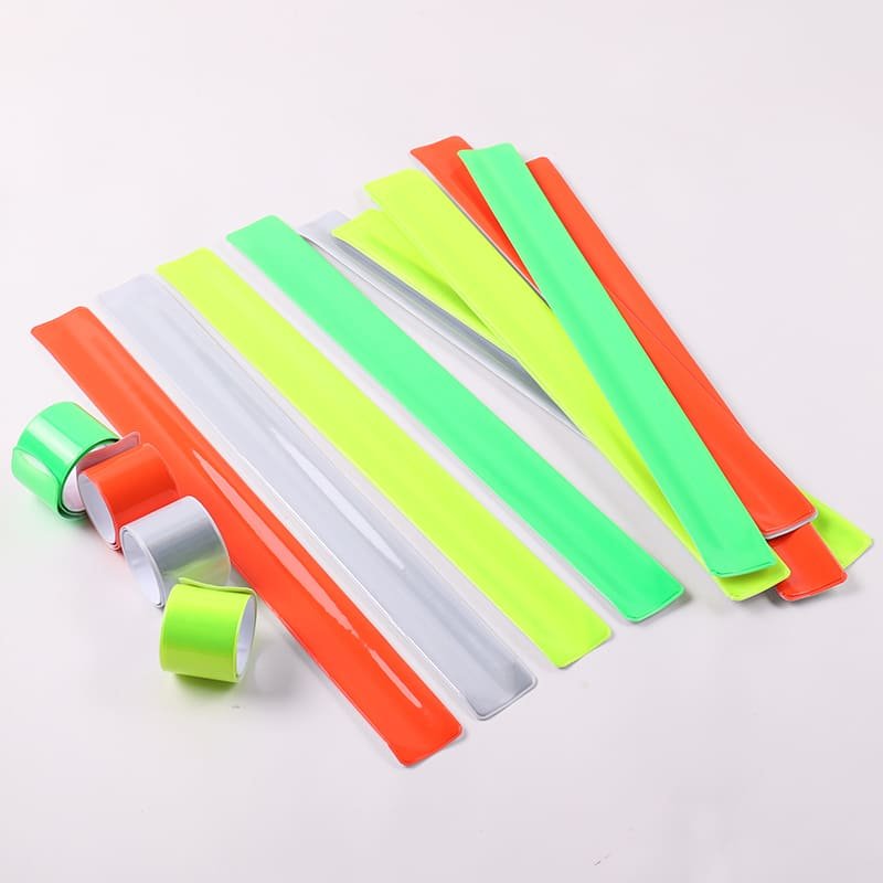 reflective slap wristbands in yellow green orange pink blue and white