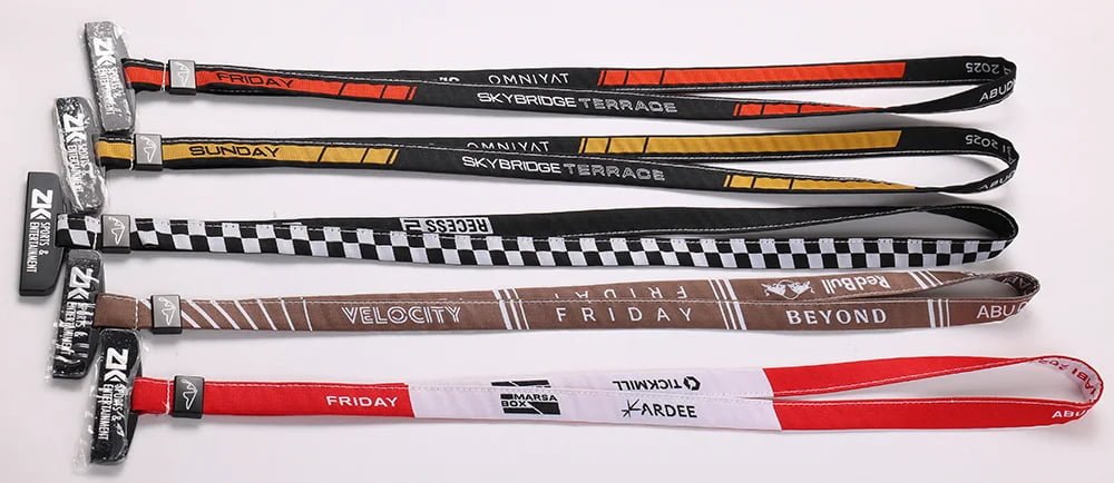 custom specialty woven lanyards with nylon webbing and metal attachments