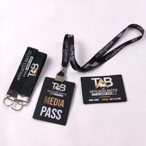 Custom media pass lanyards with black event credentials for sports events