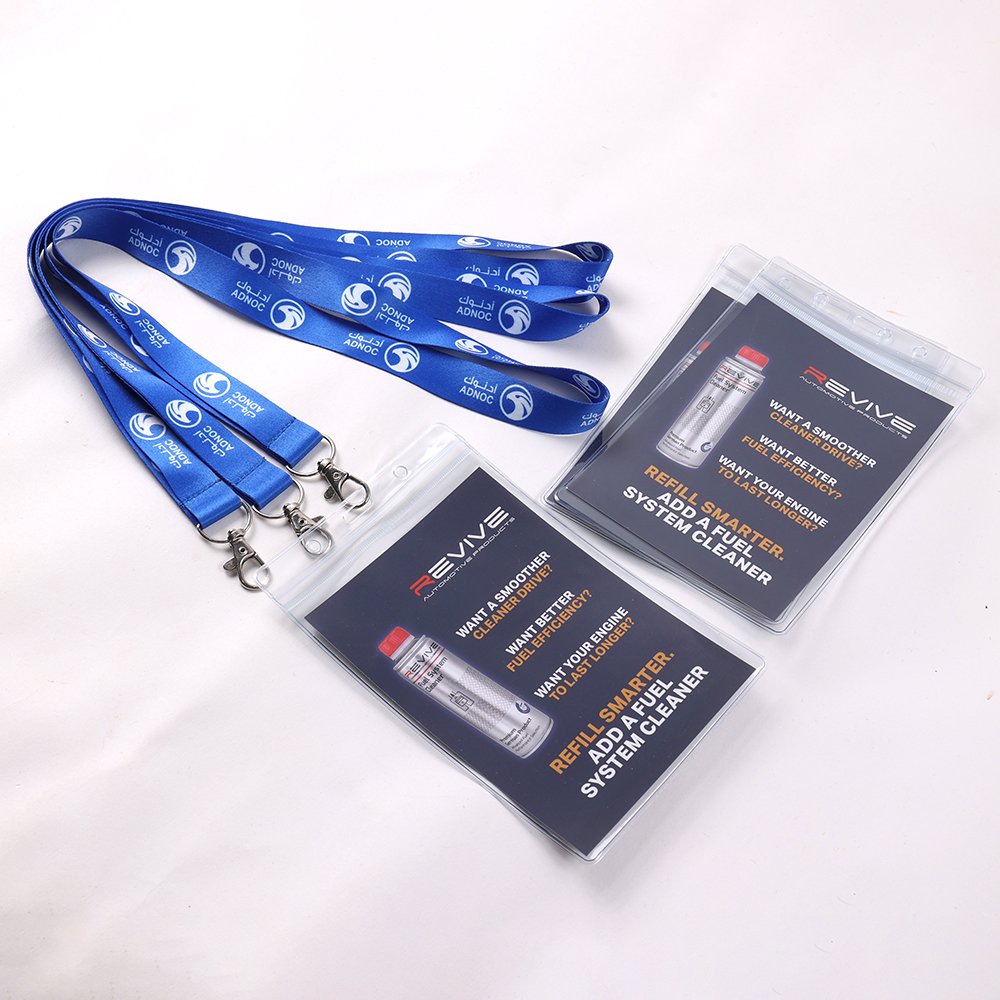 Blue sports event lanyards with custom PVC credential cards