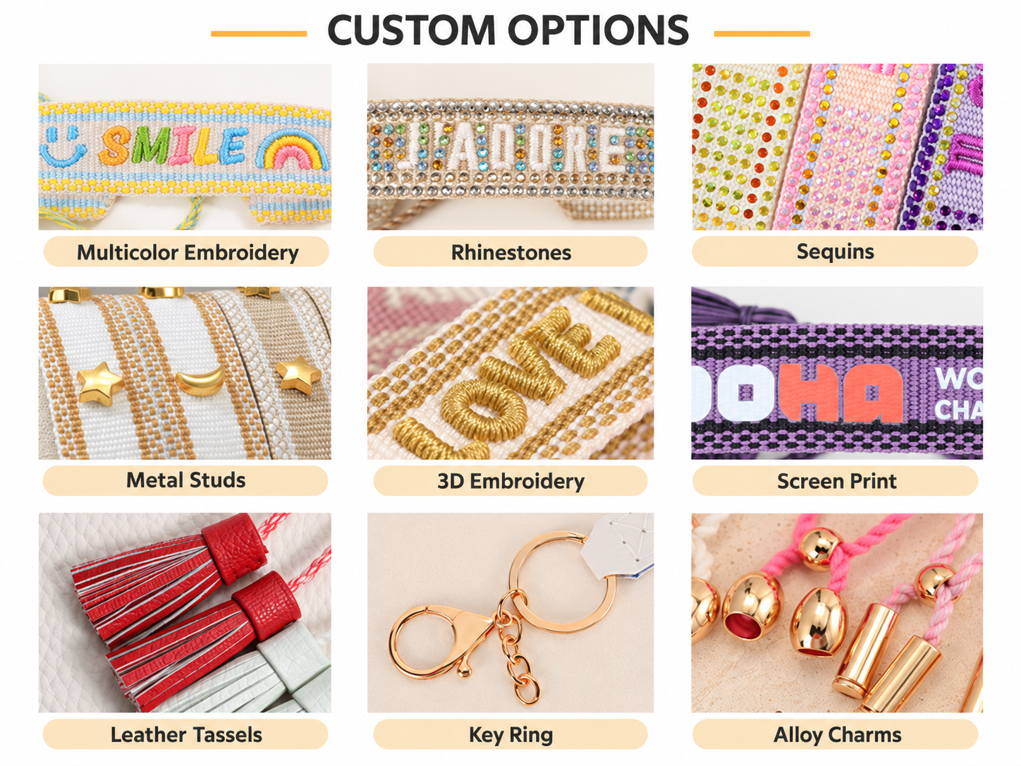 Comparison of embroidered woven and printed custom bracelet logo techniques