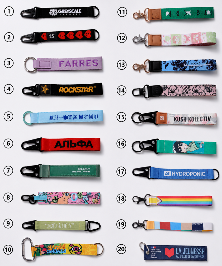 Custom short lanyards, wristlet keychains and fabric key straps with woven, printed and embroidered logos