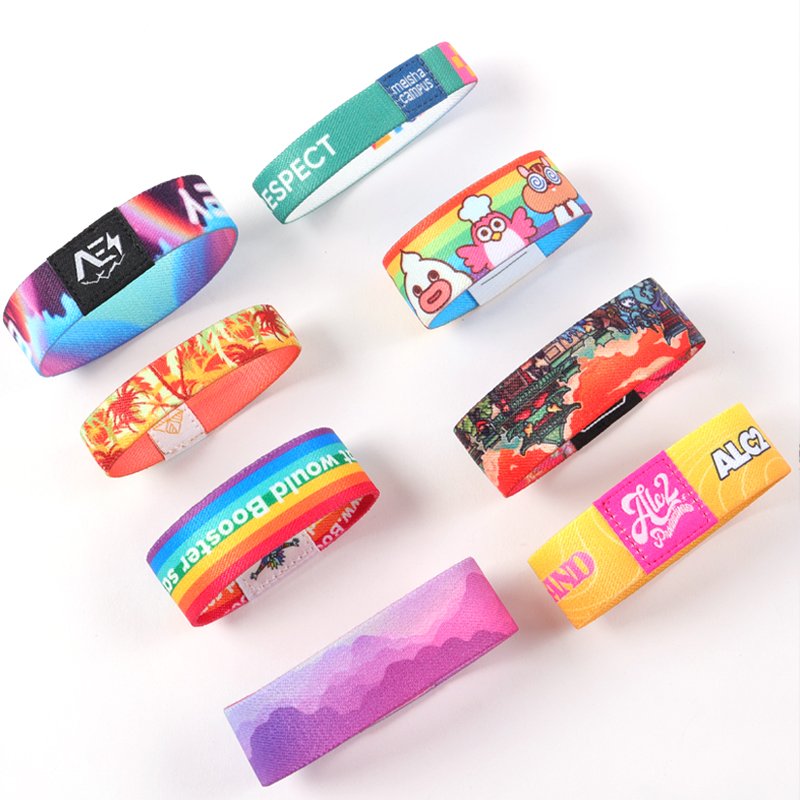 Full-color sublimation elastic wristbands with gradients and detailed artwork