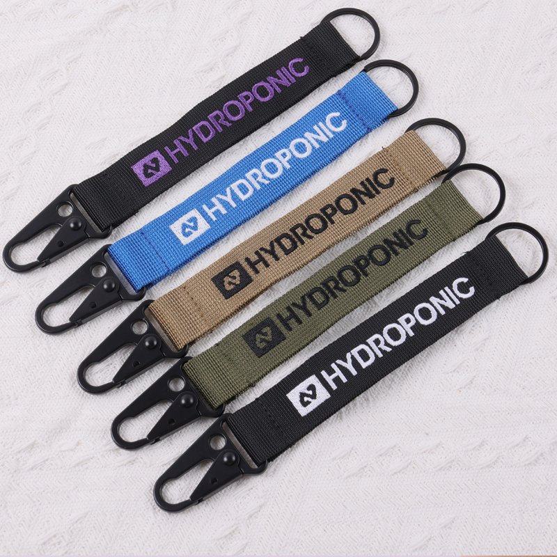 Custom embroidered key straps and short lanyards with textured logo embroidery and metal key rings
