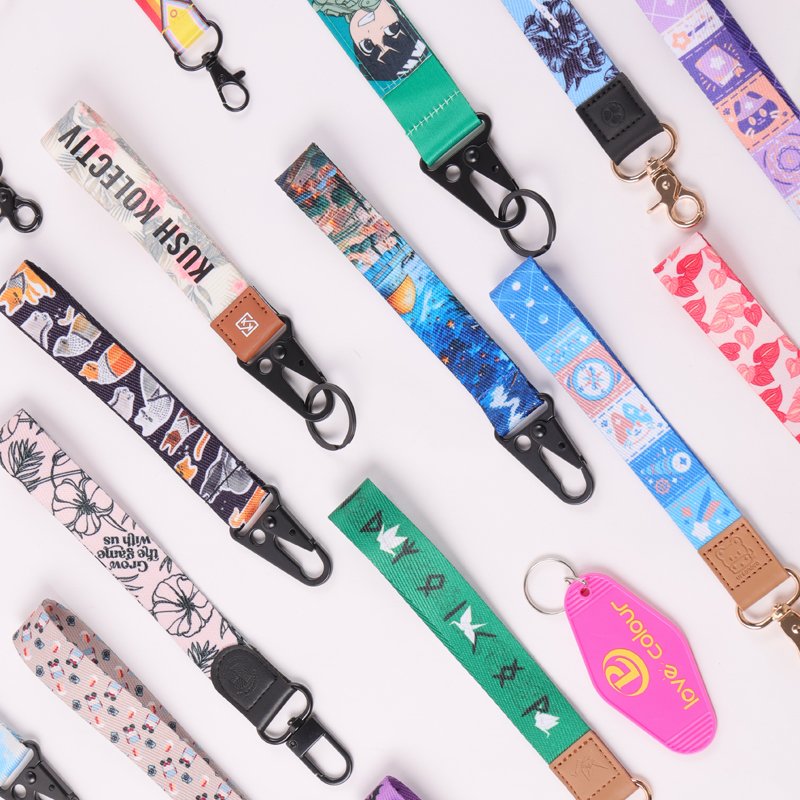 Custom sublimation wristlet keychains with full-color printed patterns, logos and branded artwork