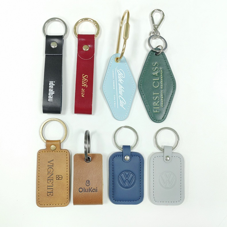 Custom leather and PU leather key straps with wristlet loops, metal key rings and branded connectors