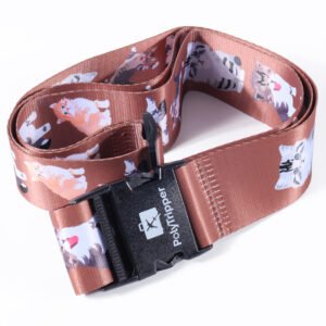 Brown custom luggage strap with full-color printed pattern and adjustable buckle