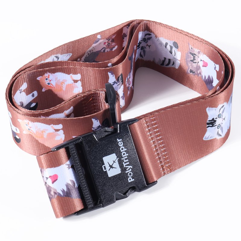 Brown custom luggage strap with full-color printed pattern and adjustable buckle