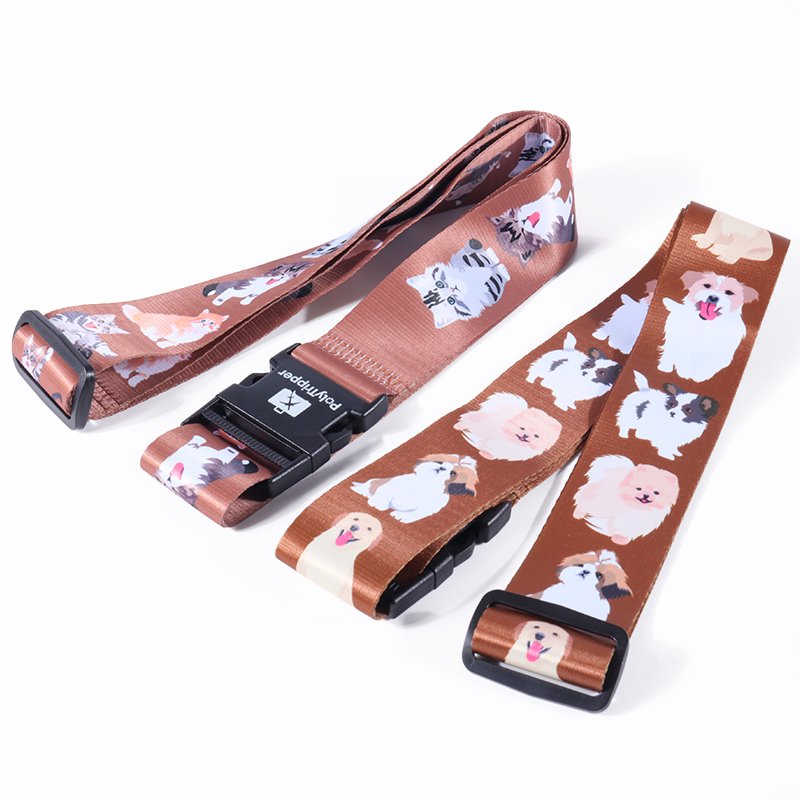 Custom polyester luggage straps with full-color printed patterns and adjustable buckles