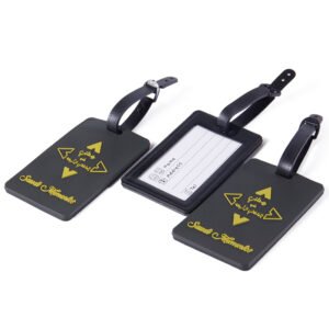 Black custom luggage tags with printed yellow logo, strap and ID information window
