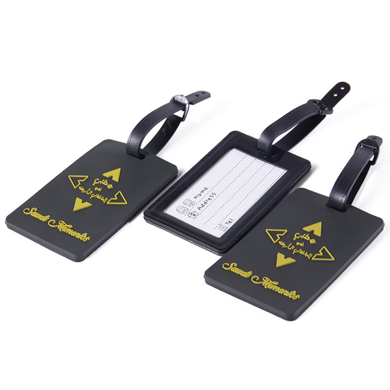 Black custom luggage tags with printed yellow logo, strap and ID information window
