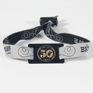 Black and white RFID fabric wristband with custom rectangular RFID tag