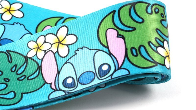 Close-up of heat transfer printed luggage strap with detailed full-color artwork