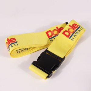 Yellow custom luggage strap with repeated logo and quick-release buckle