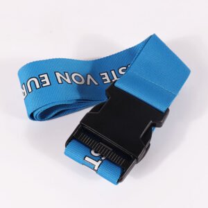 Blue custom luggage strap with white logo branding and adjustable buckle