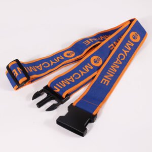 Navy and orange custom luggage strap with repeating logo pattern and buckle