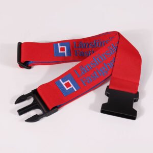 Red promotional luggage strap with custom company logo and quick-release buckle
