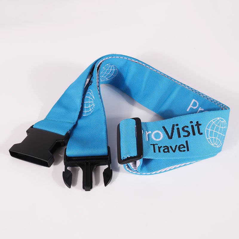 Blue custom luggage strap with travel company logo and adjustable buckle