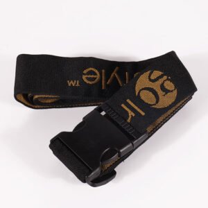 Black custom luggage strap with gold logo branding and quick-release buckle