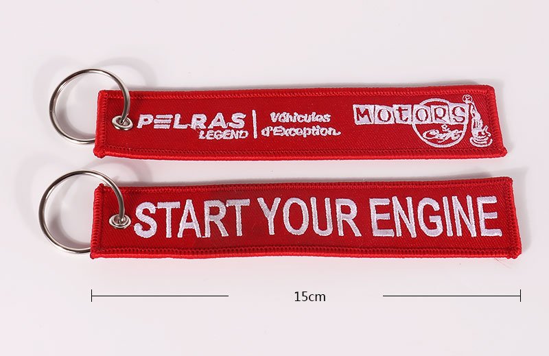 Custom polyester woven jacquard key tags with logo, metal eyelet and split key ring