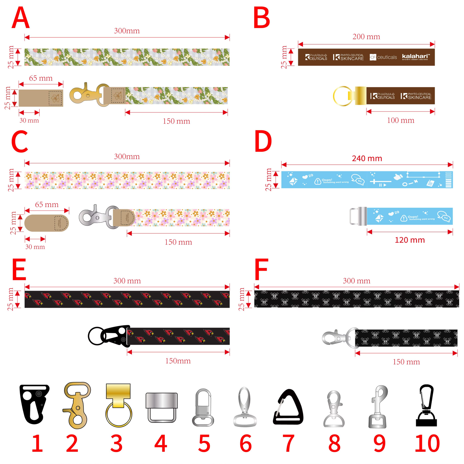 Custom short lanyard widths, wristlet sizes, key strap lengths and jet tag construction options