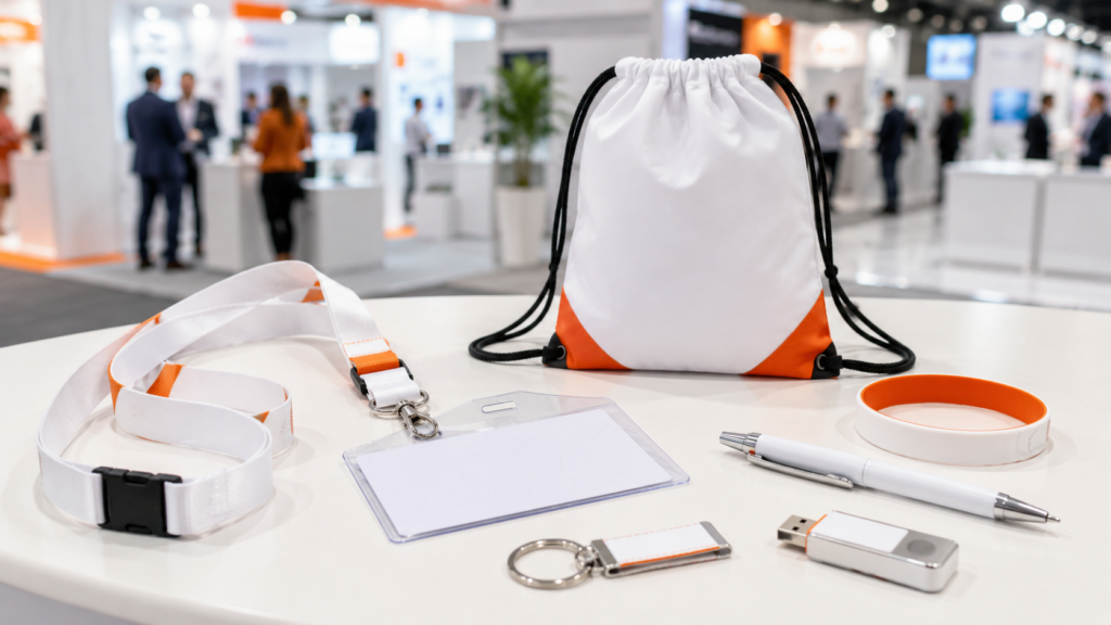 Custom trade show promotional products including lanyards, badges, wristbands, bags and giveaways