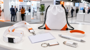 Custom trade show promotional products including lanyards, badges, wristbands, bags and giveaways