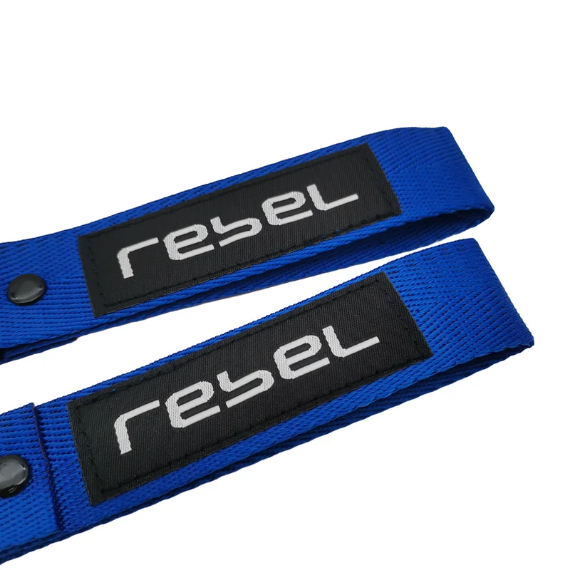Two blue motorcycle key tag lanyards with black rectangular custom logo patches on a white background