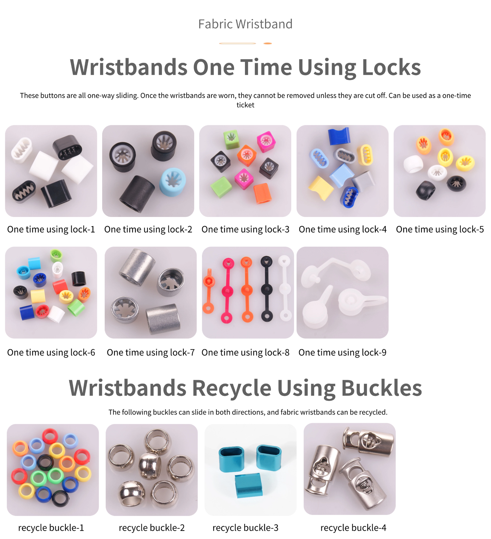 One-time anti-transfer and reusable closure options for RFID fabric wristbands