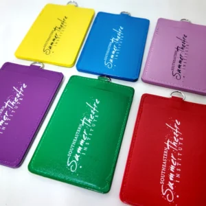 Yellow, blue, pink, purple, green and red card holders with white printed logos.
