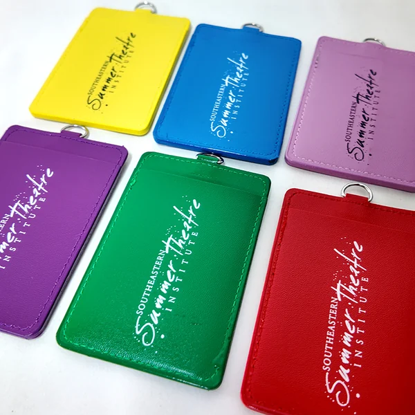 Yellow, blue, pink, purple, green and red card holders with white printed logos.