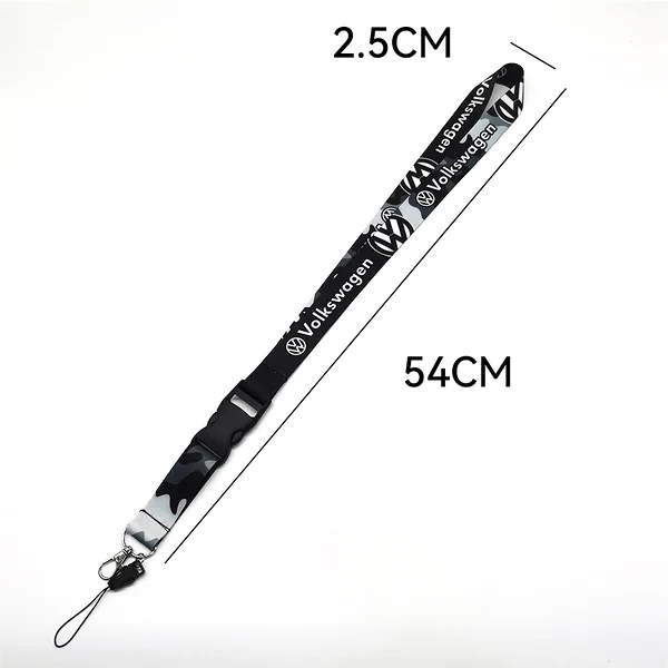 Black custom car logo lanyard dimension image showing 2.5 cm width and 54 cm length