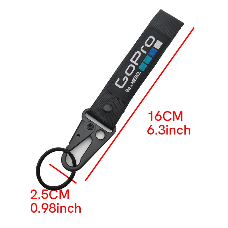 Black motorcycle keychain lanyard dimension diagram showing approximately 16 cm length and 2.5 cm width