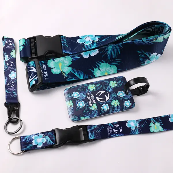 Blue floral custom printed lanyards with ID badge holder, buckle clips and key rings