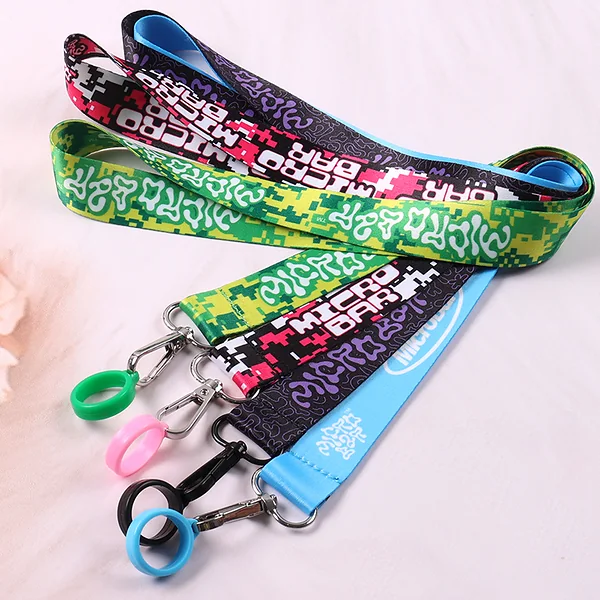 Colorful custom printed lanyards with metal swivel hooks and silicone bottle holder rings