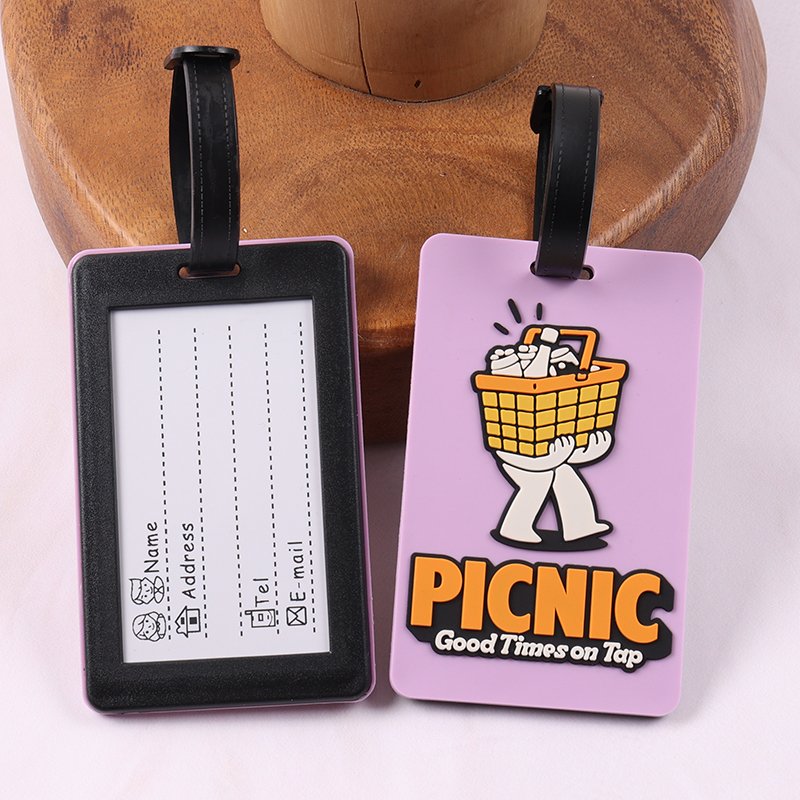 Black and pink custom luggage tags with full-color printed artwork and identification panel